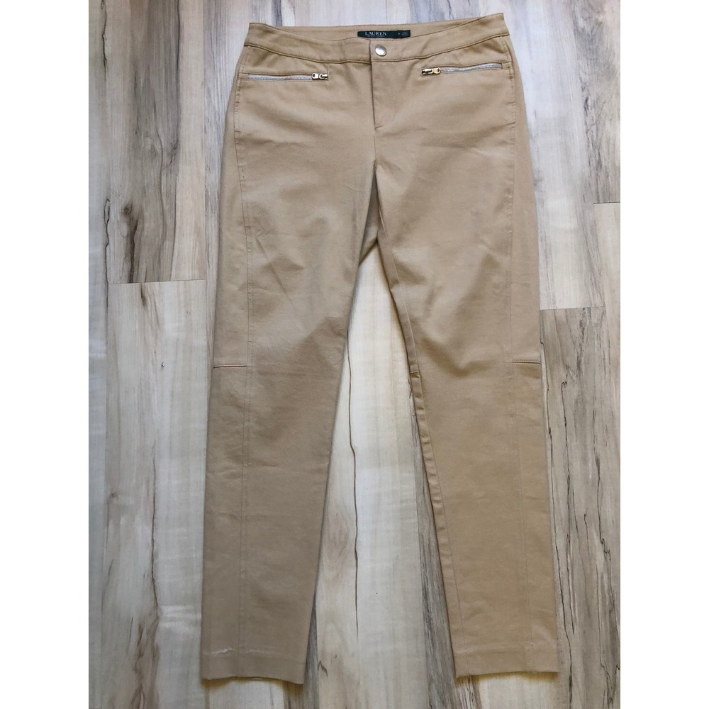 Lauren Ralph Lauren Tan Moto Pants Gold Zip Pockets Beige Khaki Size 8